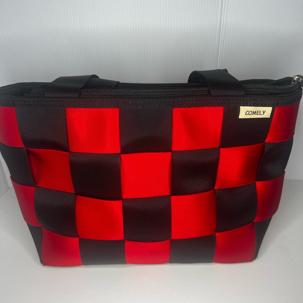 Checkered Woven Tote Bag Red Black Seatbelt Style Large Shoulder Bag - Comely